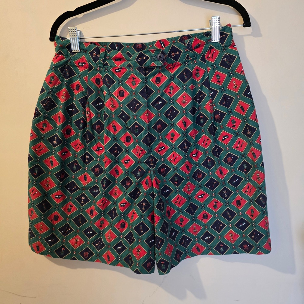 Charter Club Vintage Golf Print Shorts Womens 12 Green Red Cotton High Waist